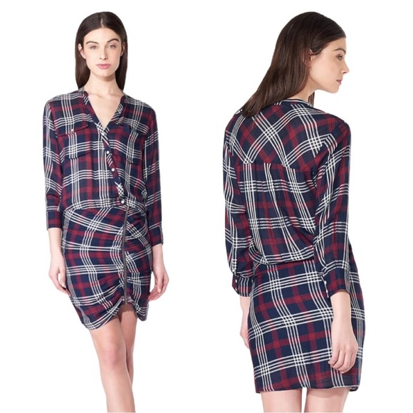 Veronica Beard Dresses & Skirts - Veronica Beard Emory Ruched Cargo Plaid Shirtdress‎ Size 8 Blue Long Sleeve